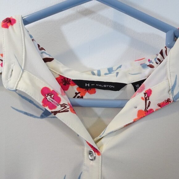H BY HALSTON Cream Pink Floral Print Blouse Size XS Short Sleeve - Picture 4 of 6